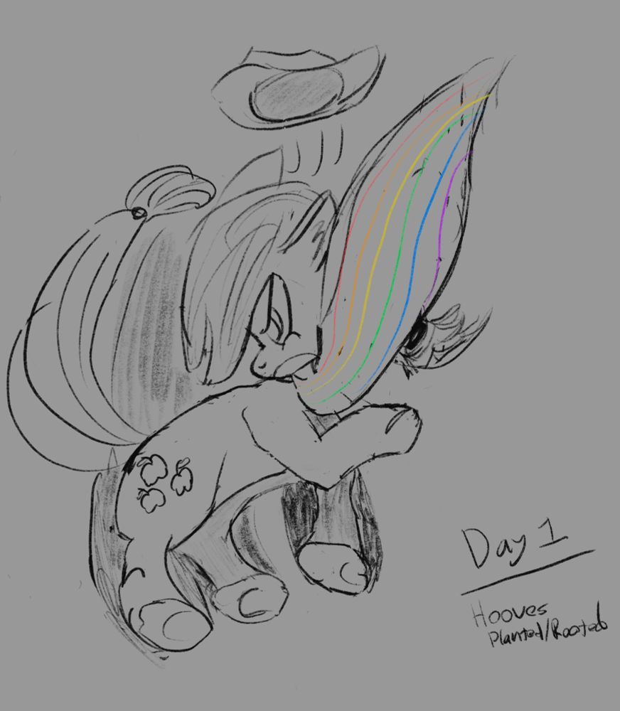 A drawn sketch of the pony Apple Jack from My Little Pony being dragged along as she holds Rainbow Dash's tail between her teeth.