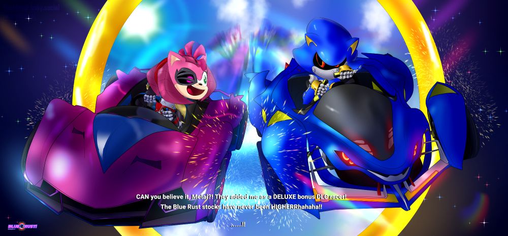 An illustration of Metal Sonic (Buster M) and Rusty Rose (custom) racing in Sonic Racing: CrossWorlds. There is a ring portal to a blue sky behind them in an outer-space background. They exchange dialogue while racing:

"CAN you believe it, Metal?! They added me as a DELUXE bonus DLC racer! The Blue Rust stocks have never been HIGHERRhahaha!!"

"......!!"


#sonicracing #sonicthehedegehog #metalsonic #rustyrose