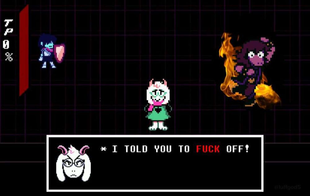 Kris defending, and Susie being lit on fire while Ralsei faces the person reading this and says, "I TOLD YOU TO FUCK OFF!" with FUCK in red text.