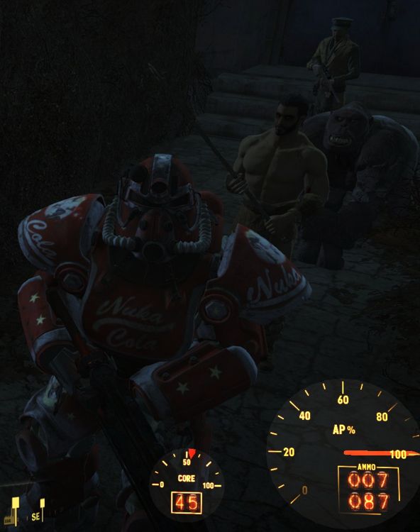 fallout 4 screenshot showing user in nuka-cola T-51 power armor, caveman, gorilla and armed man