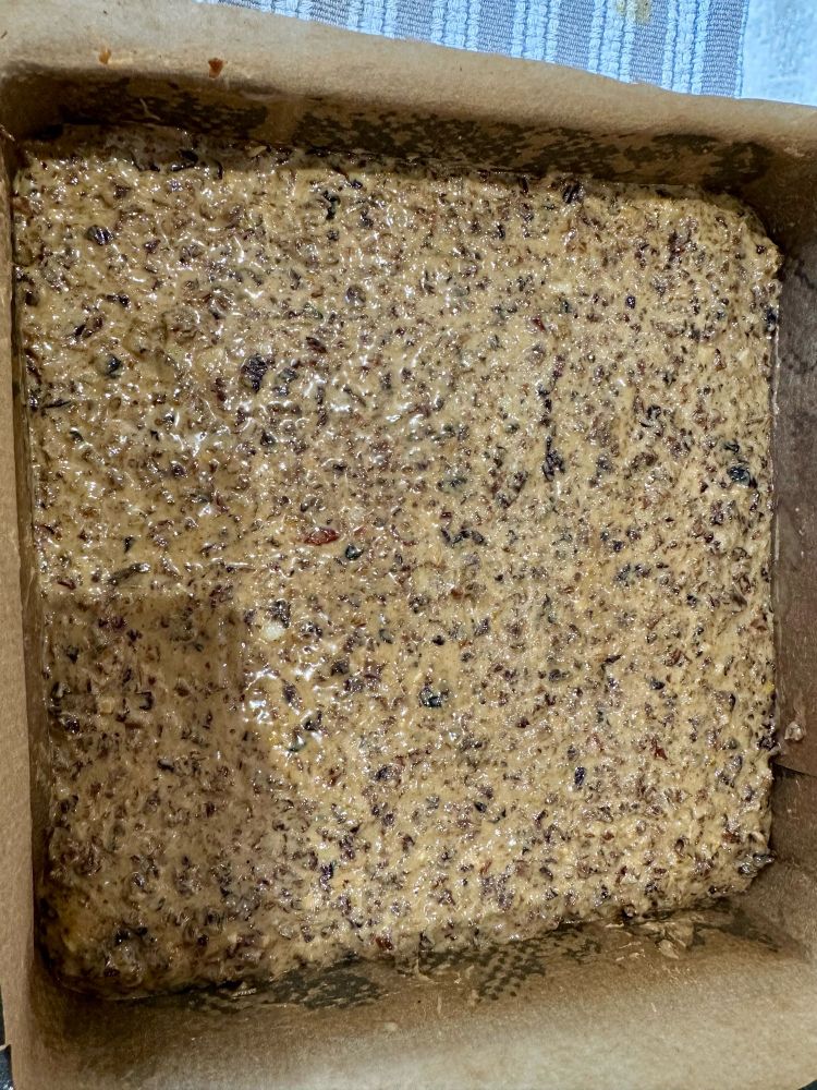 Cake mixture in a square cake tin