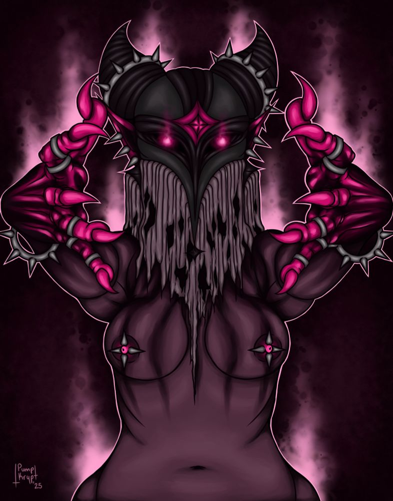 Magenta monochrome character artwork, smokey spirit background. Dark fantasy character, a masked graveyard spirit, standing with their claws reaching out.