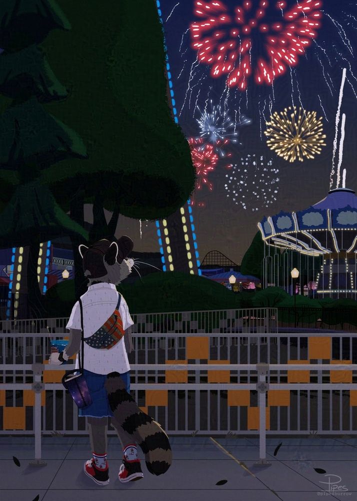 Digital art, from 4th of July 2022

A raccoon at a theme park looks up at fireworks exploding in the night sky above him. Sculpted trees and shrubs line the paths behind the decorative railings and lampposts. Rollercoasters, game booths, and a carousel fill the surrounding area.

The raccoon also has a festive sparkly drink in his hand. It got him sick after drinking it with a big tummy ache (not pictured).