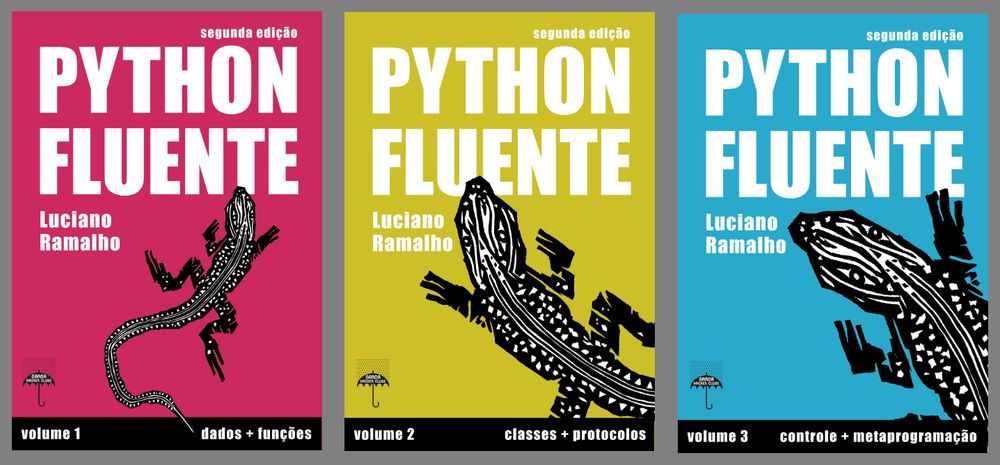 Capas dos 3 volumes de Python Fluente, 2ª edição. A figura nas capas é a xilogravura de um calango.