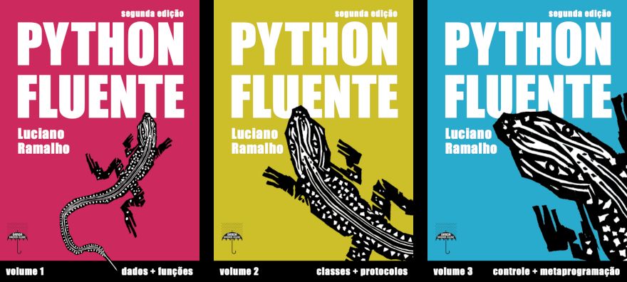 Capas dos 3 volumes de Python Fluente 2ª edição em português. As três capas mostram um calango em xilogravura, em diferentes posições. A xilo foi desenhada e entalhada pelo designer e artista Thiago Castor.