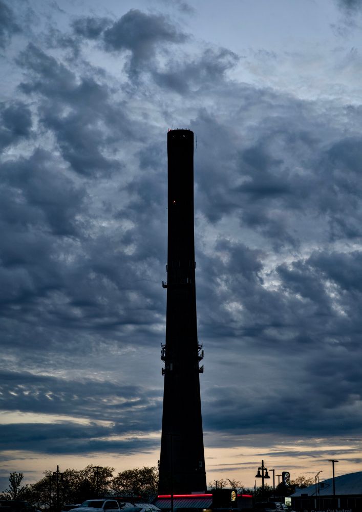 Cathedral Tower in Cuyahoga Falls at dusk. 
