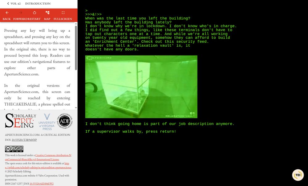 Screenshot of the Scholarly Editing micro-edition of ApertureScience.com. It shows editorial commentary on the left and side and a screen from the game on the right, emulating a terminal showing some text and a camera live feed.