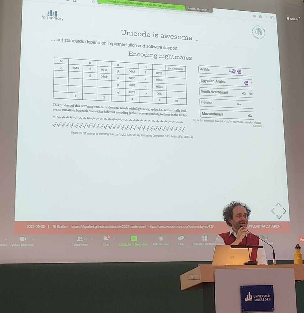 Photo of Till Grallert with in the background a slide showing the many Unicode combinations for the workd "Meccan"