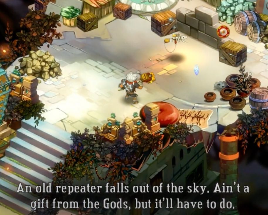 Kid from Bastion finding a new weapon — the text referencing how it’s not a “gift from the gods” 