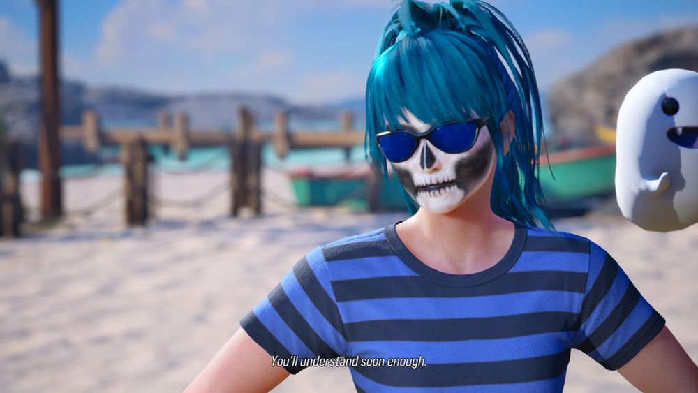 Reina dressed up in a striped blue shirt, with sunglasses, skull makeup, blue ponytail, and a pet ghost. Giving Tim Burton vibes.