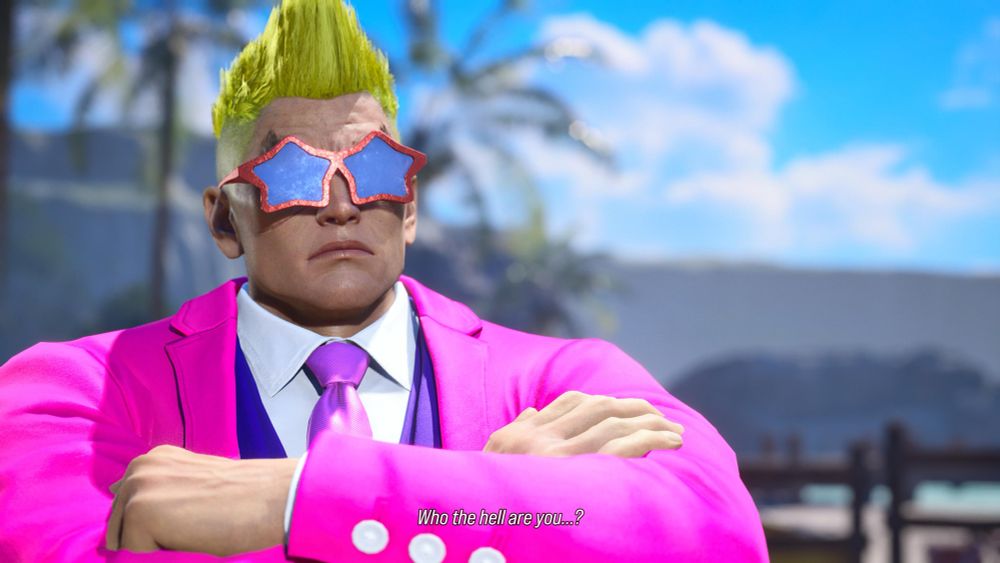 Kazuya dressed in a brightly colored suit and “Adoring Fan from Oblivion”- esque hair 