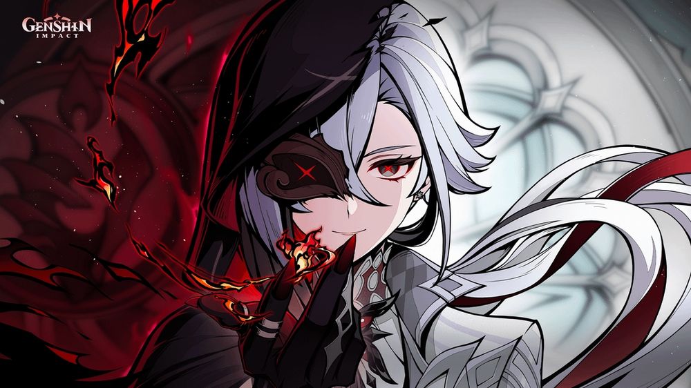 A depiction of Arlecchino from an exclusive web-event. One half shows the ominous 'assassin/spy' side of Arlecchino featuring her hood and masquerade mask. The other depicts Arlecchino in her usual Harbinger attire. Hand clasping around a flame.