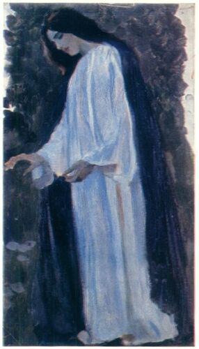 The "Portrait of O. Nesterova, the artist's daughter" by Mikhail Nesterov depicts a serene figure in a flowing white garment, set against a dark, lush background. This tender portrayal emphasizes Nesterov's devotion to familial themes, capturing a moment of introspection and quiet grace.