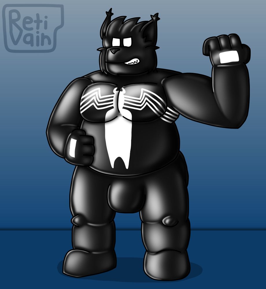 a full body shot of a grinning venomized cade in a light blue background, flexing his left arm and putting his right hand on his rubber belly.