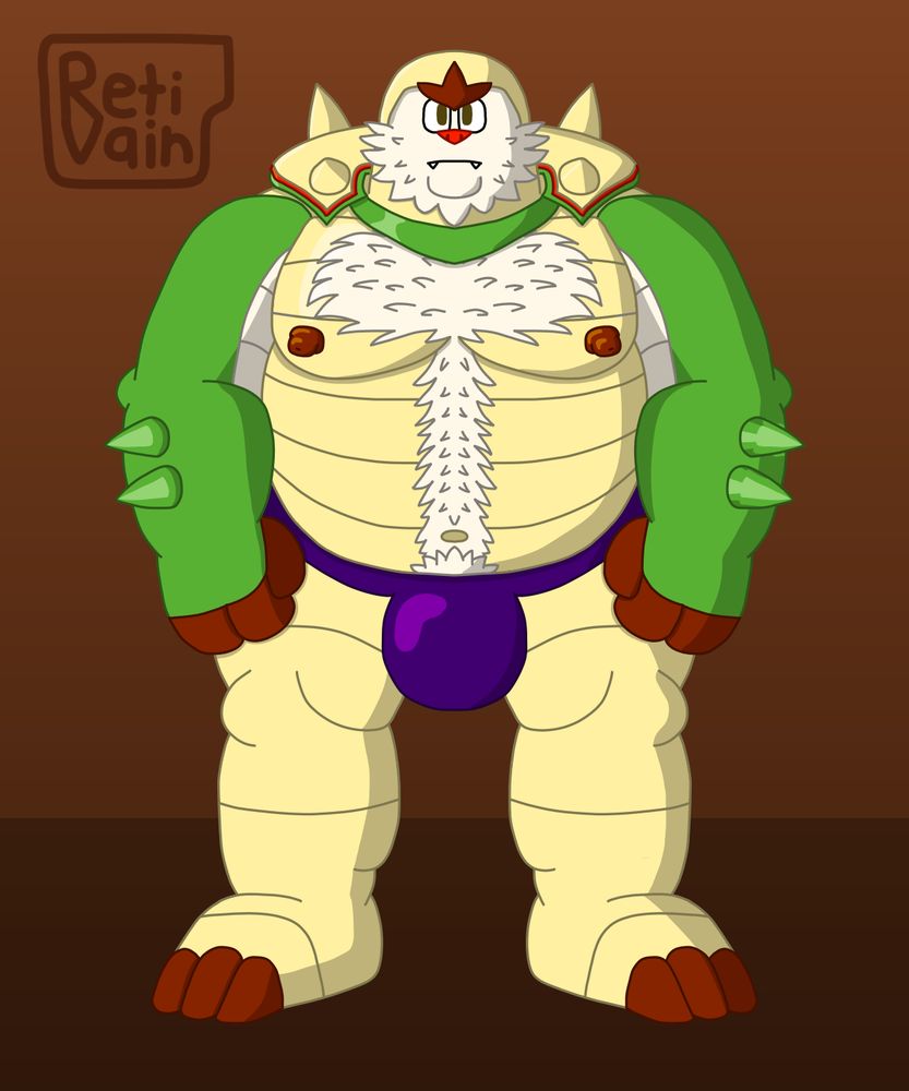 an image of a musclegut chesnaught in a neutral expression, with purple underwear, standing in a brown background.
