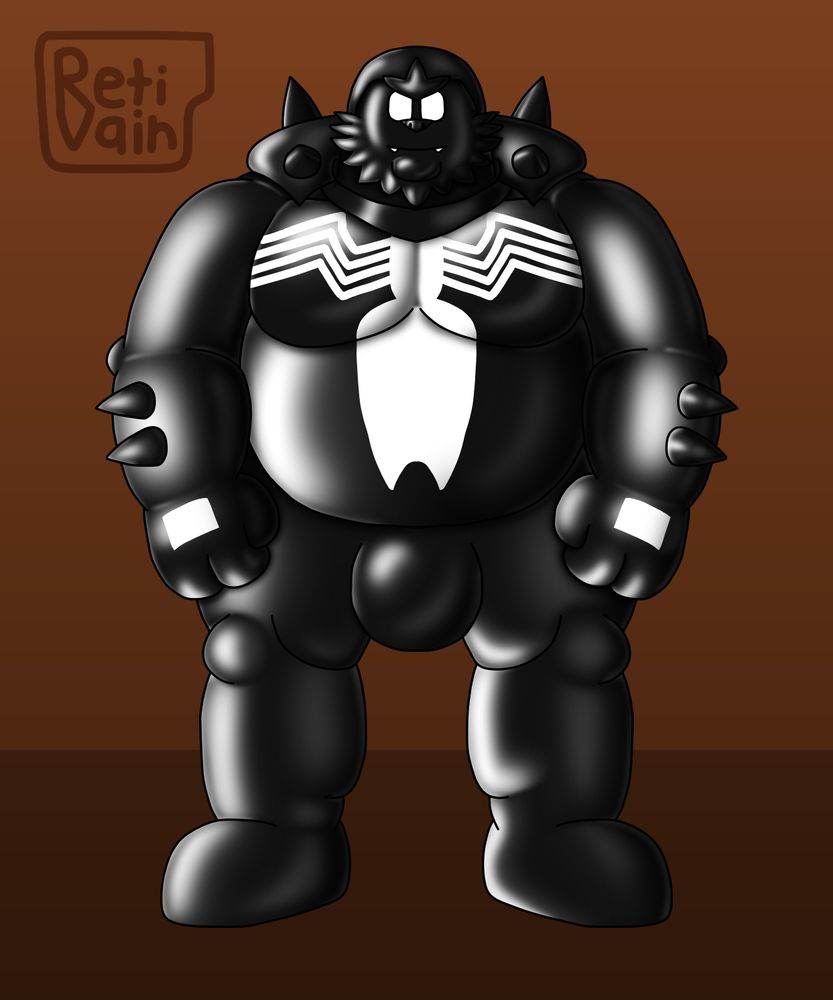 an image of a musclegut venomized chesnaught, slightly smiling over his new form, standing in a brown background.