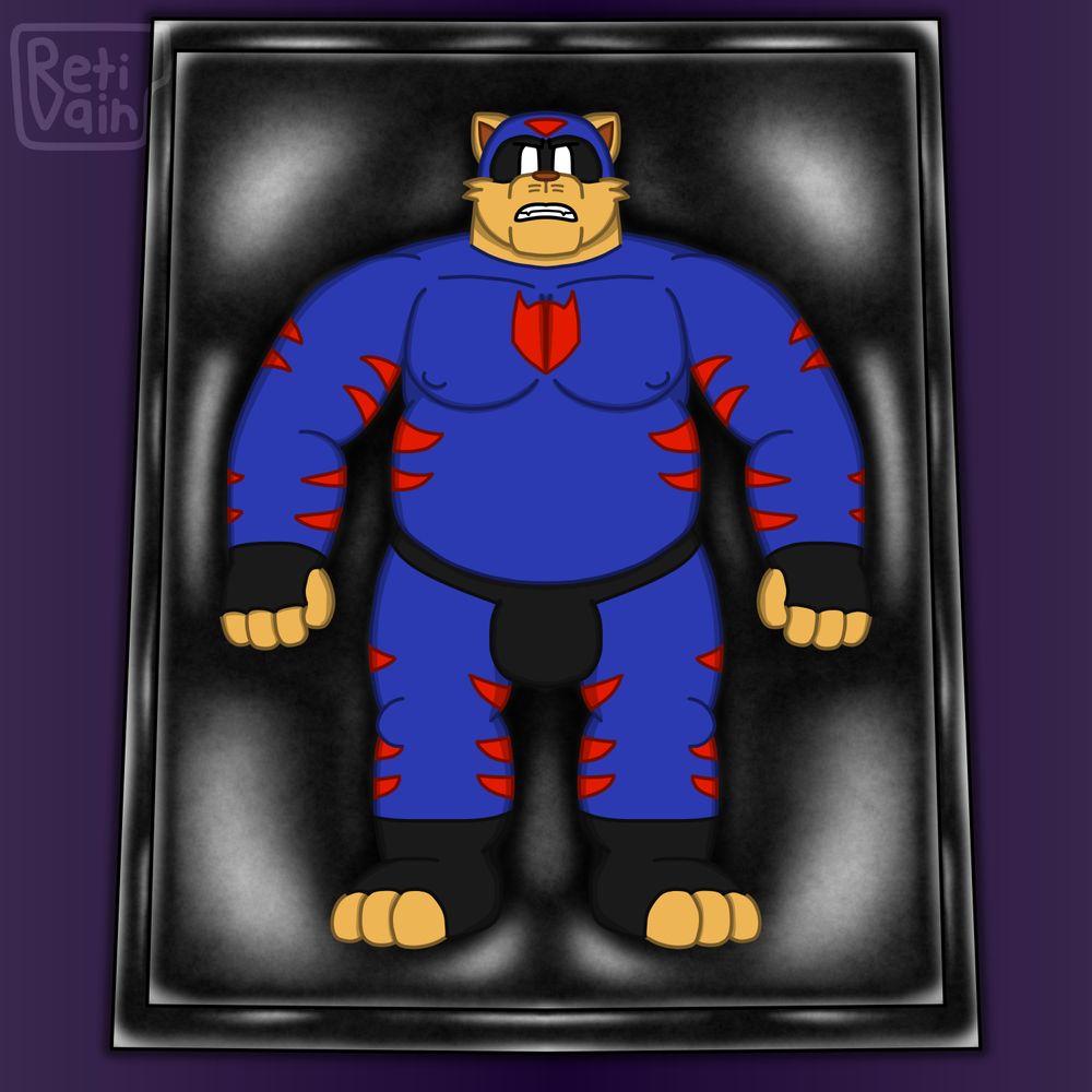 A full body picture of chance furlong/t-bone, trapped in a rubber vacuum bed in anger, wearing a fully blue spandex esque costume, with his gloves and paws open in the bed.