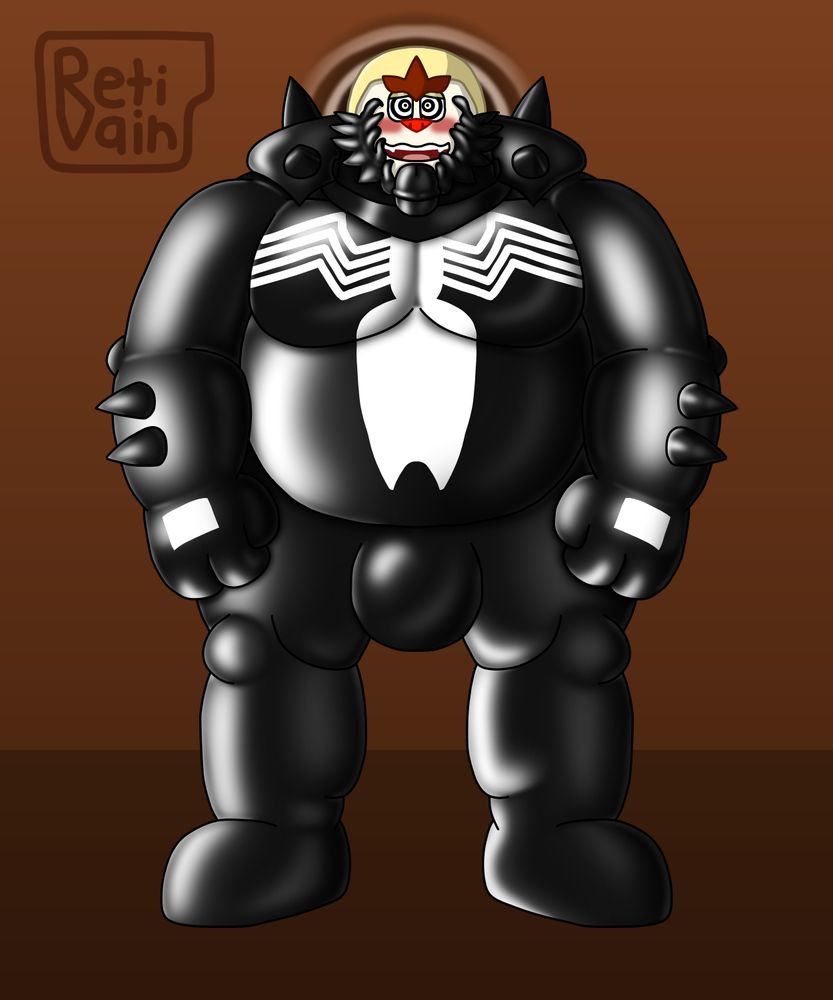 an image of a musclegut chesnaught, blushing with an open mouth, panting, and being hypnotized while almost being completely merged by the symbiote with a penis reaching to his mouth, in a brown background.