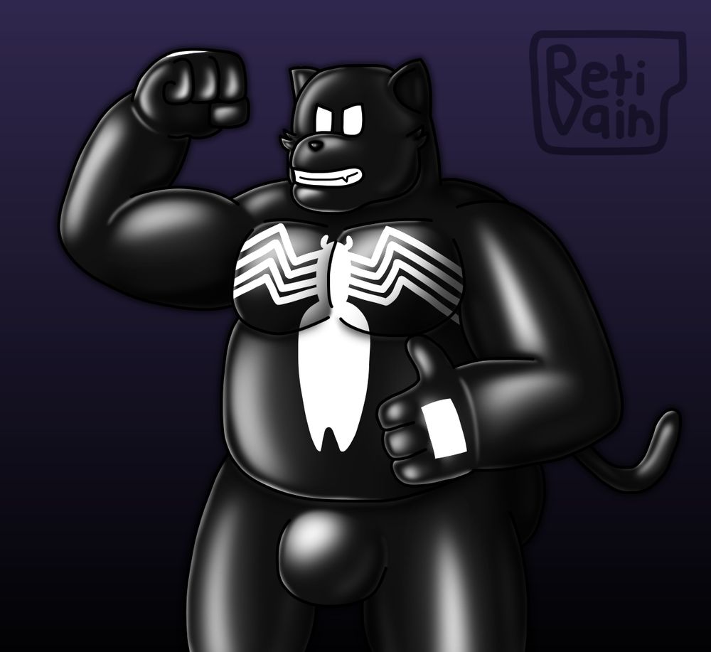 A half body shot of a venomized chance furlong/t-bone, flexing his right arm up while giving a thumbs up with his left, grinning in enjoyment of his symbiote body.