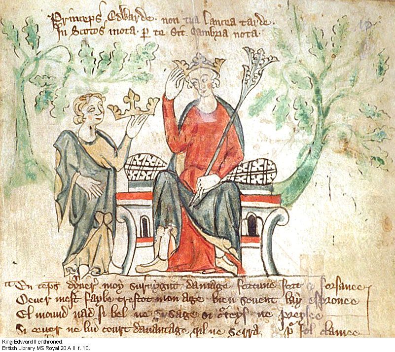 Medieval illustration showing Edward II enthroned by Bishop Orleton