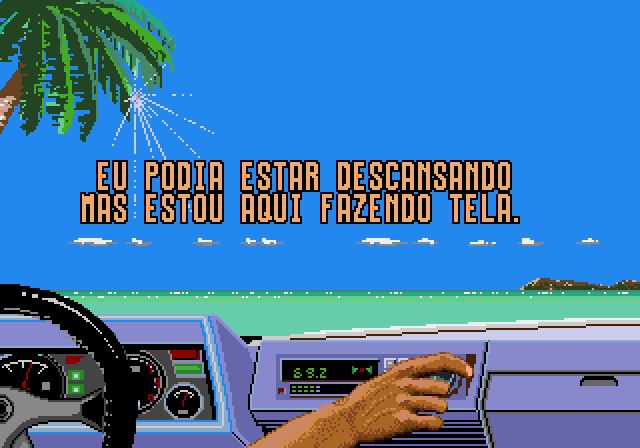 Uma arte em pixel de uma praia, sendo vista por um motorista em primeira pessoa, com um painel de carro retrô anos 80, evocando uma sensação de vento no rosto, cheiro do mar, calma e tranquilidade. A imagem apresenta um texto que é contraste ao "clima" que a imagem transmite: "Eu podia estar descansando, mas estou aqui fazendo tela" diz o texto.