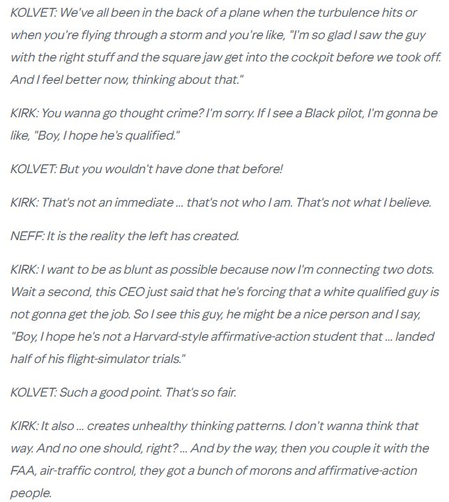 Context where Charlie Kirk says he is afraid when he sees a pilot is black