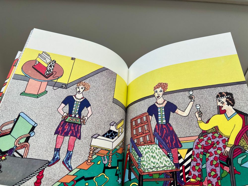 Sketches of cool figures in patterned clothing in bright chic environment 