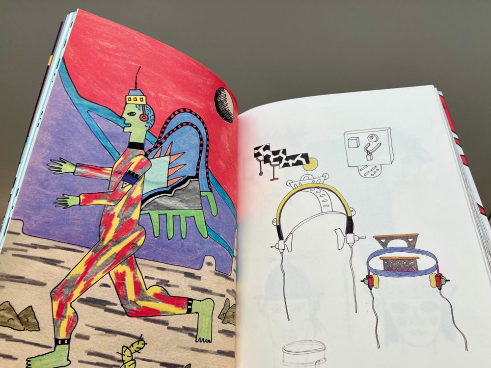 Sketches of ornate headphones and bizarre winged figure wearing a set in a strange colourful landscape 