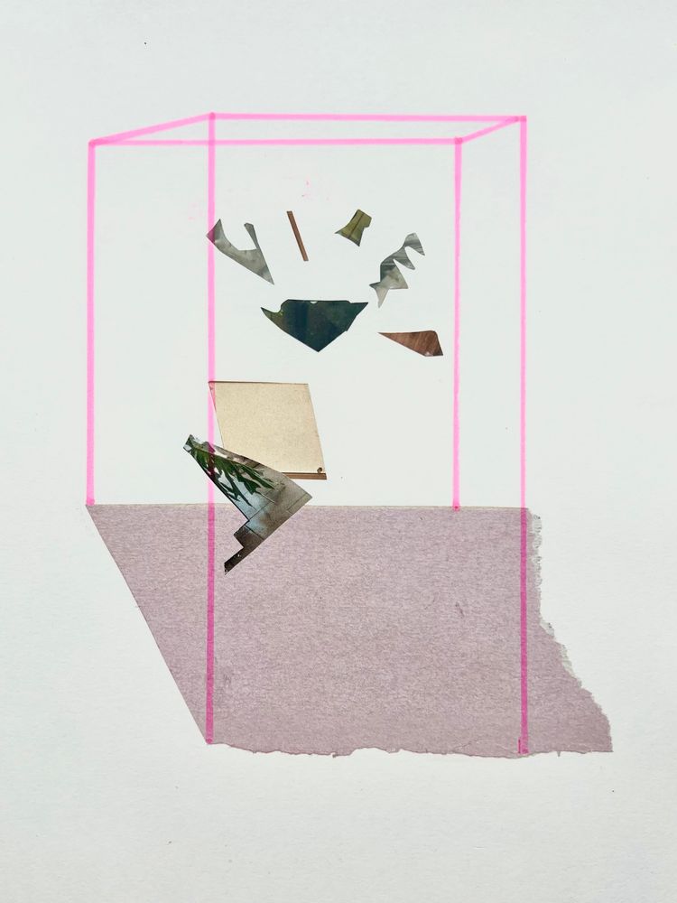 Collage of tiny fragments arranged within a drawn pink fluoro framework 