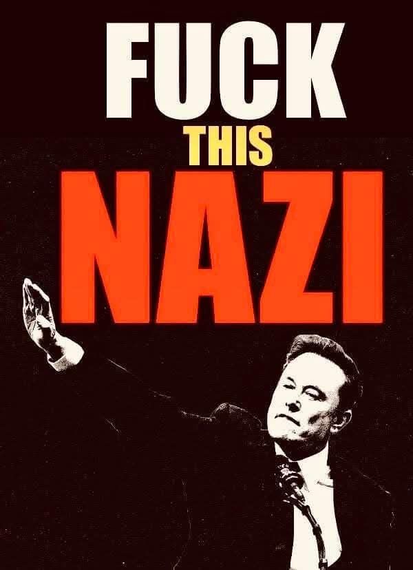 Elon musk giving a Nazi salute with the text Fuck this Nazi above it. 