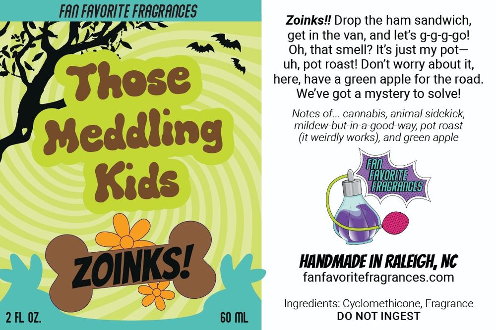 Graphic depicting a perfume inspired by Scooby Doo's character, Shaggy. Scents include Cannabis, musk, earthy smells, pot roast, and green apple 