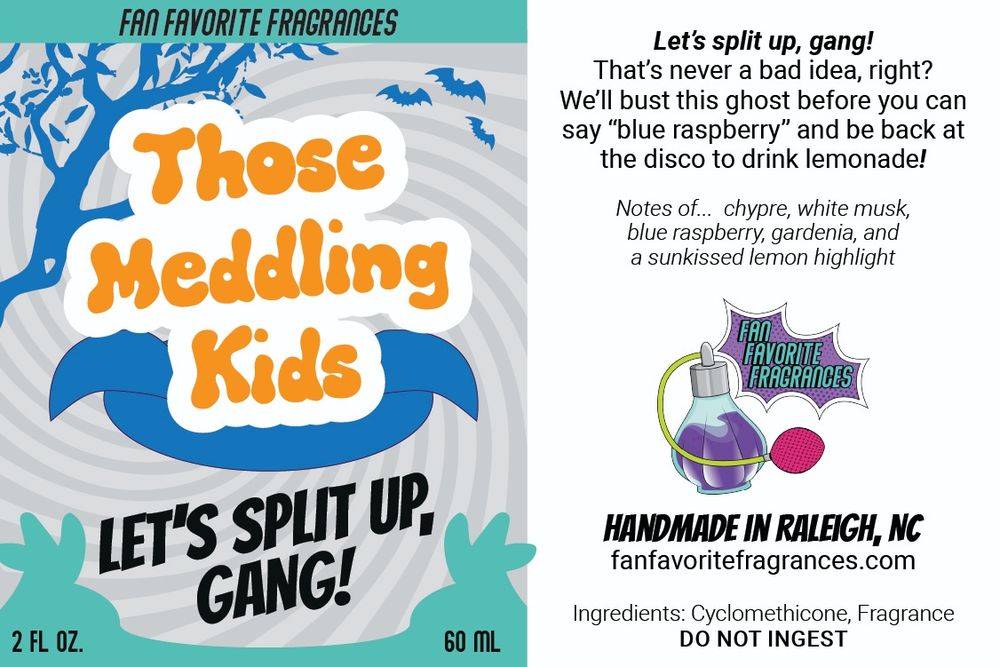 A graphic depicting a perfume inspired by Scooby Doo character Fred Jones. The scent has notes of blue raspberry, chypre, white musk, and gardenia with a sun kissed lemon highlight.