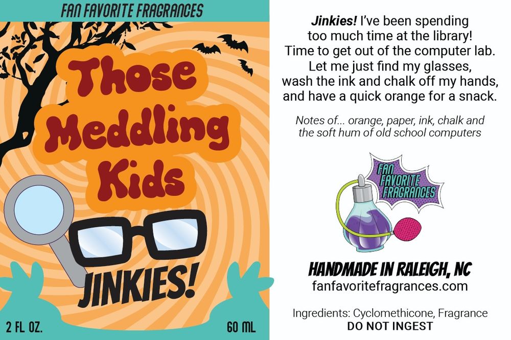 A graphic of a Scooby Doo inspired perfume that smells like orange, paper, ink, and chalk.