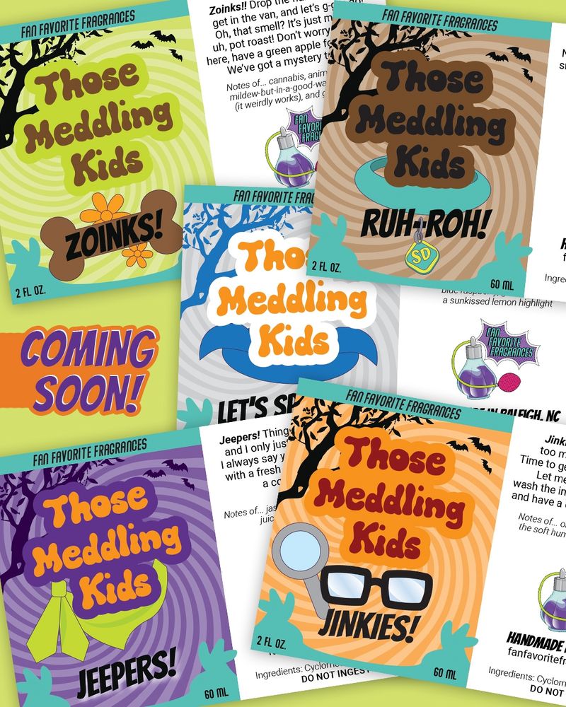 Depicts a collection of perfumes inspired by Scooby Doo