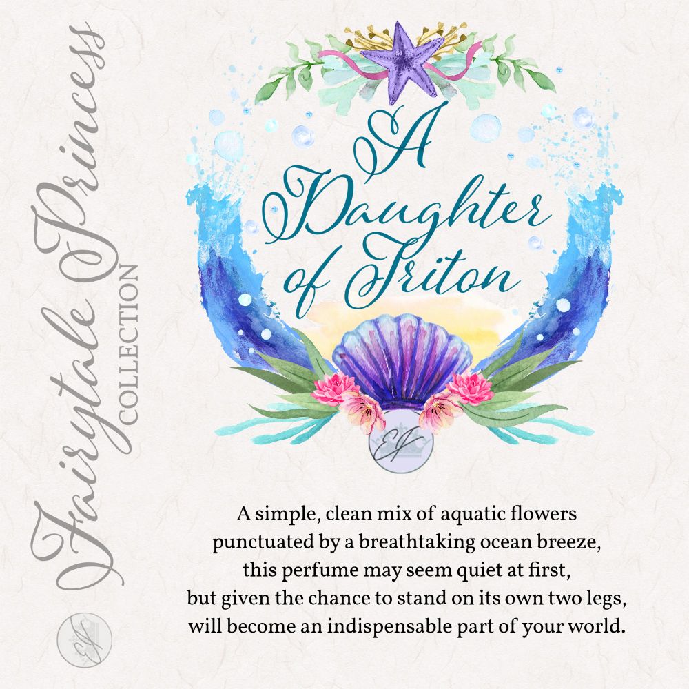 A graphic depicting a perfume inspired by The Little Mermaid. The scent is described as 'A simple, clean mix of aquatic flowers punctuated by a breathtaking ocean breeze, this perfume may seem quiet at first, but given the chance to stand on its own two legs, will become an indispensable part of your world.'