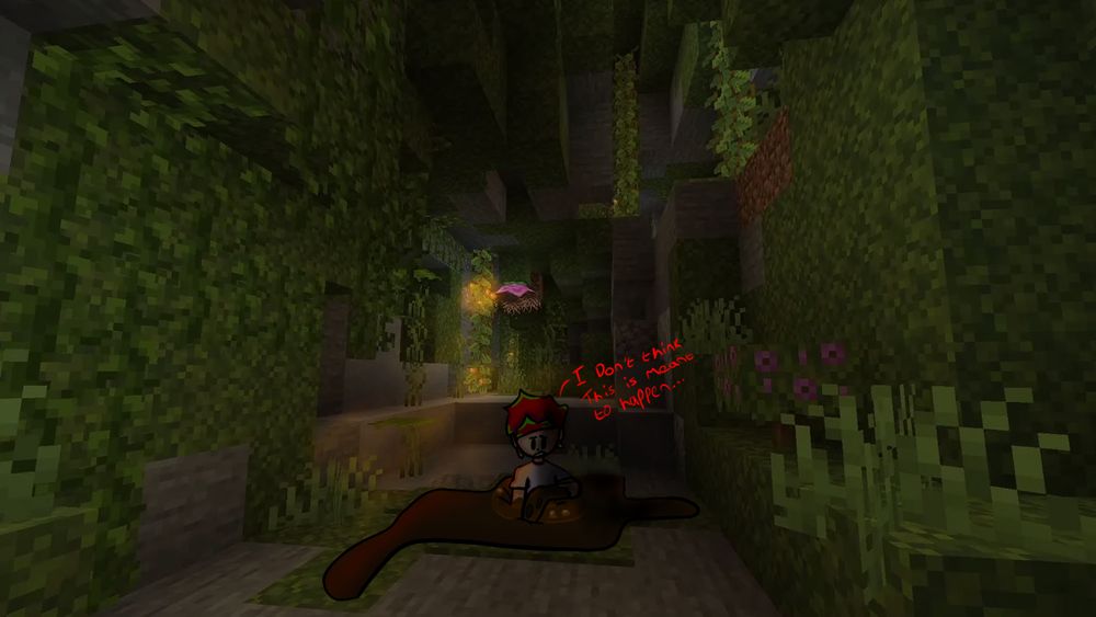 Cucumber in a minecraft cave, sinking into moss?