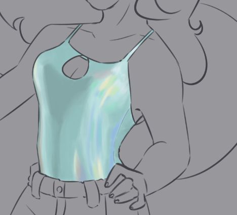 Work-In-Progress of a digital sketch of my OC wearing a holographic top. This was attempt #2.