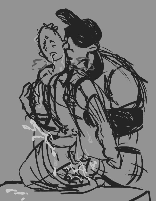 Batter huffing the back of an elsen's neck after he lazily slobbered him up
Hes also pinching the man's nipple as he fucks him. 