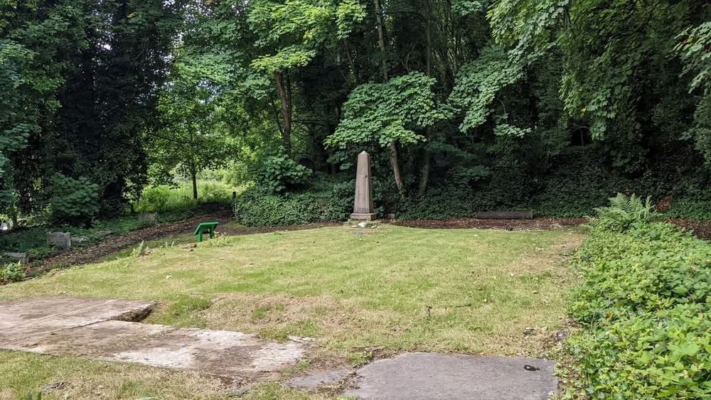 How the chapel site looks now with neatly cut grass. The view is from the far end towards the obelisk and beyond that the entrance to the cemetery.