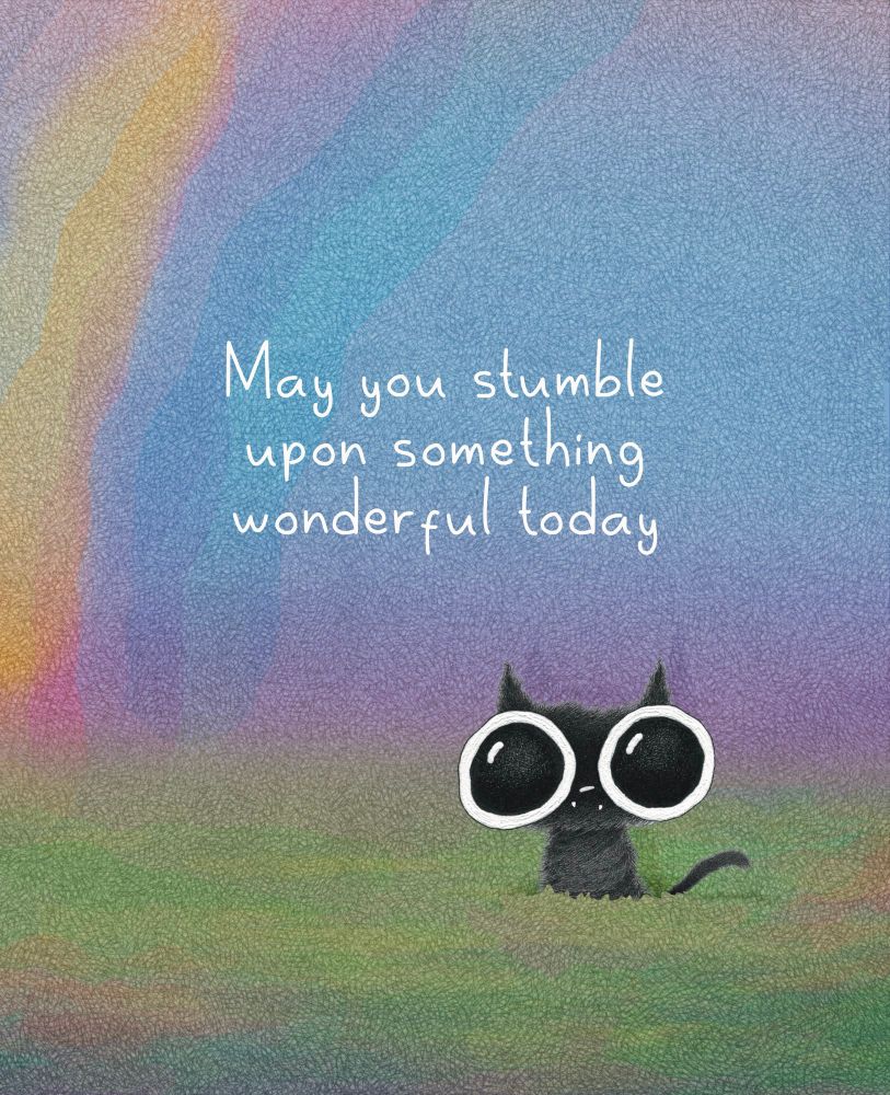 Illustration of a small black cat with very large, round eyes, standing in a textured, colorful field with a rainbow-like gradient in the background. White text above the cat reads, “May you stumble upon something wonderful today.