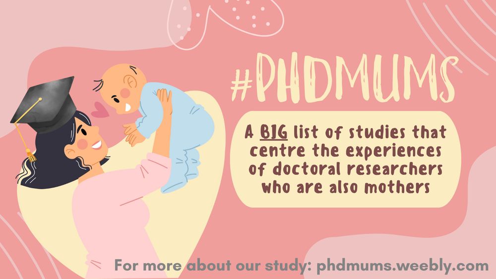 Icon of a mother holding up a baby while wearing a graduation cap. Text reads #PhDmums - A big list of studies that center the experiences of doctoral researchers who are also mothers. For more about our study: phdmums.weebly.com