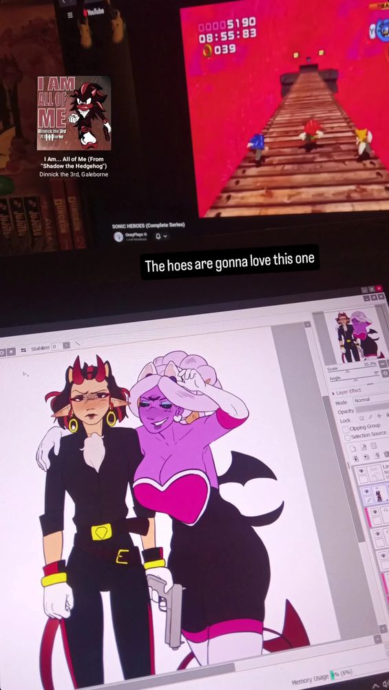Picture of my drawing tablet, digital art of OCs Anti and Tenta dresses up as Shadow and Rouge, with the caption "The hoes are gonna love this one" while I have a sonic video open in the background, with the music I am all of me in the corner