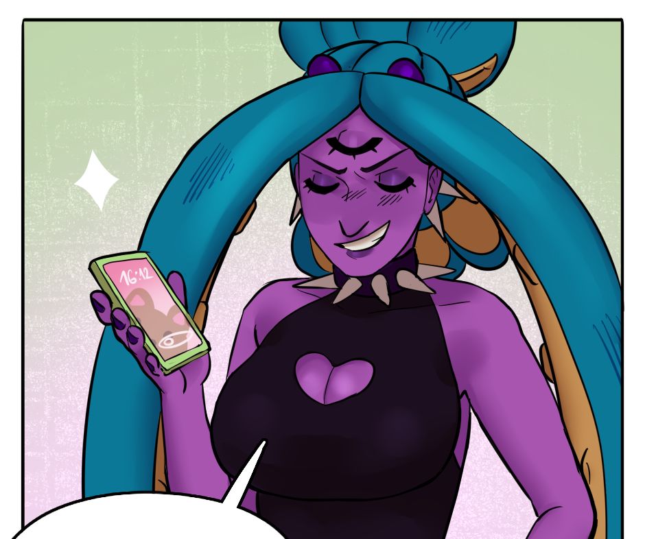 Digital art of OC Tenta holding Doot's phone, cropped panel from comic Her White Lies