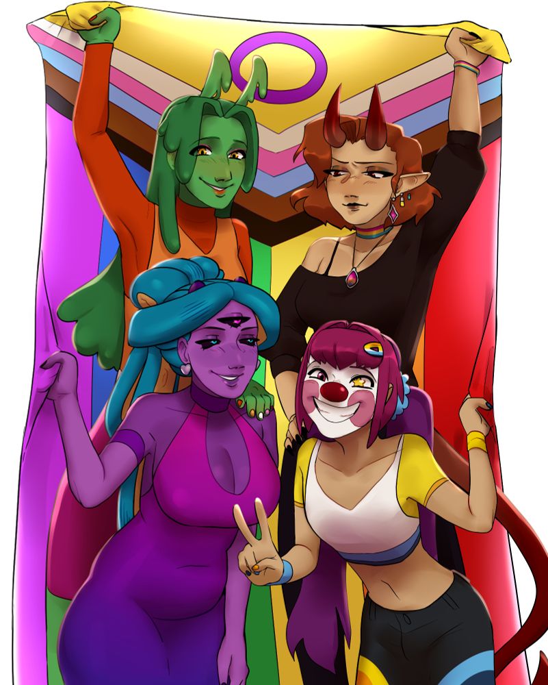 Digital art of OCs, Pastel (slime girl) is wearing the colors of the lesbian flag, Anti (half demon girl) is wearing jewelry in the colors of the pansexual flag, Tenta (octopi girl) is wearing bisexual colors, and Doot (clown girl) is in aroace colors. They're all holding a huge pride flag together