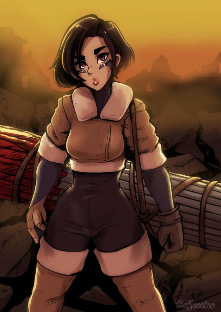 Alita stands in rubble with the flags from the wargames rolled up and carried on her shoulders 