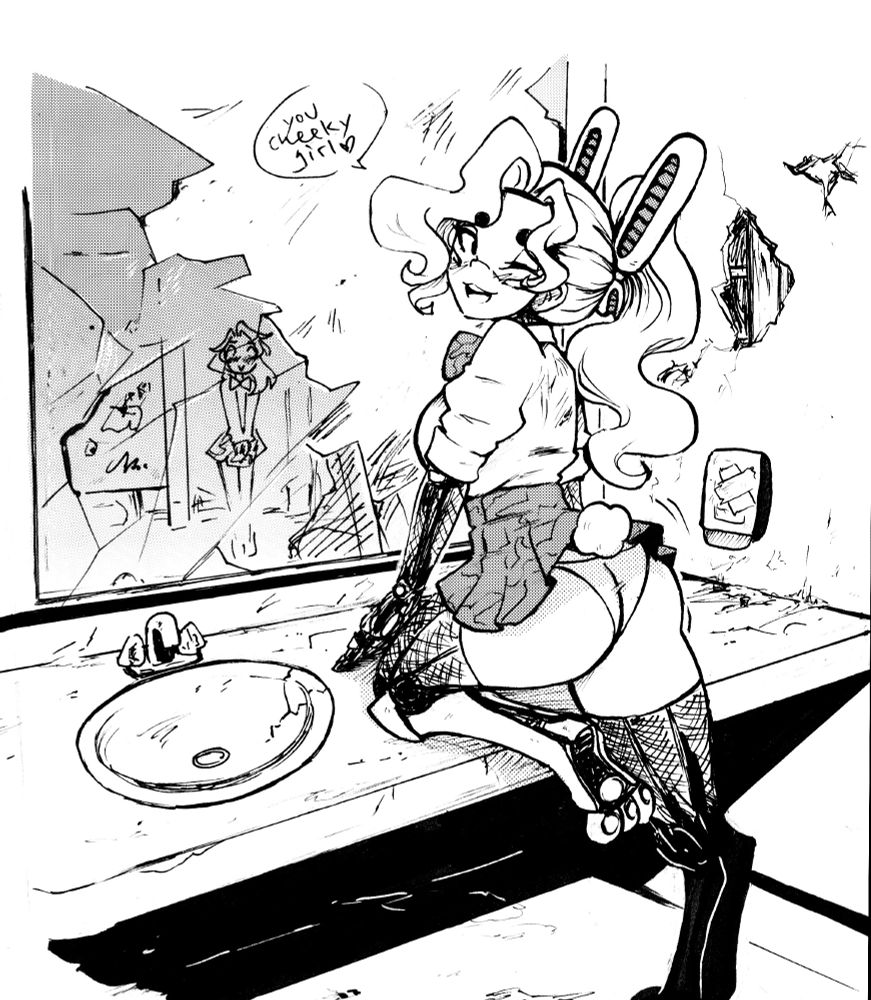 Mooncake, the bunny cyborg, with a knee on a bathroom counter in a wrecked college bathroom, while Cherry Pie looks at her shyly. "You cheeky girl <3" Mooncake says while showing cheek 