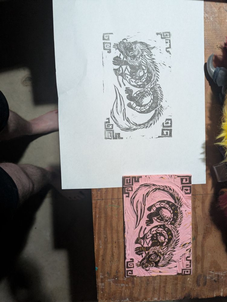 Linocut stamp of an eastern dragon