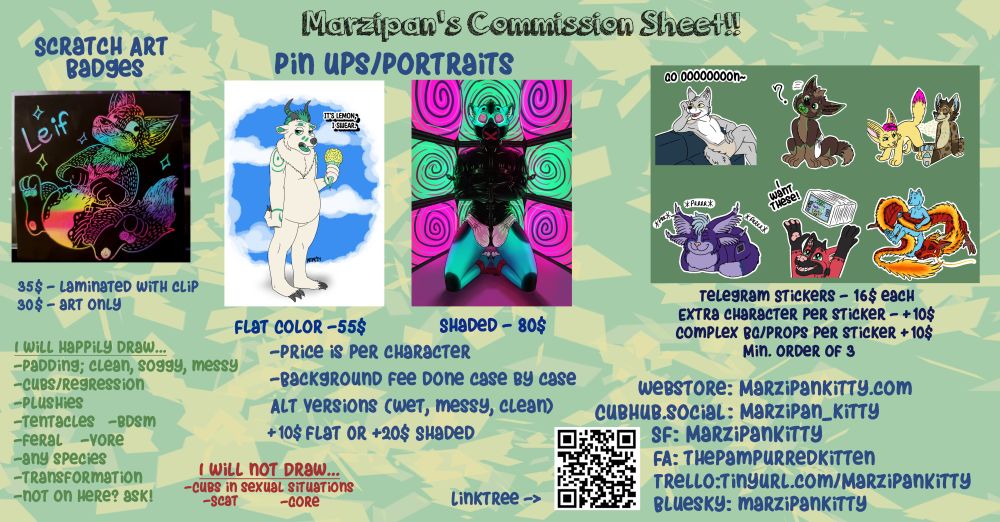 Price sheet showing the various things Marzipan will draw and their related prices.