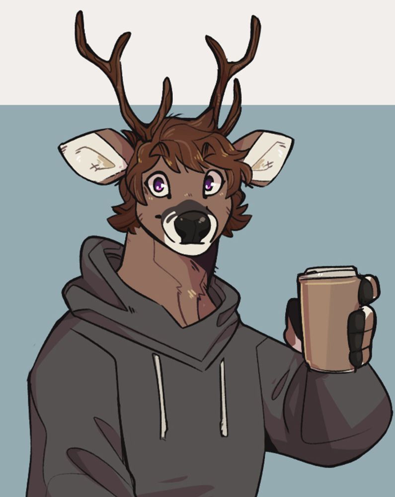 Art of my deer sona, Axel, in a hoodie and holding up a cup of coffee with a smile~ :3
(Art by @dozakeet.bsky.social)
