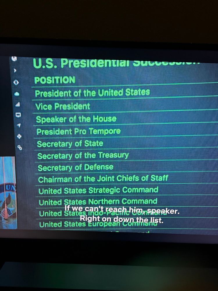 An incorrect list of the US Presidential Successions as shown in the 2025 tv show A House of Dynamite.